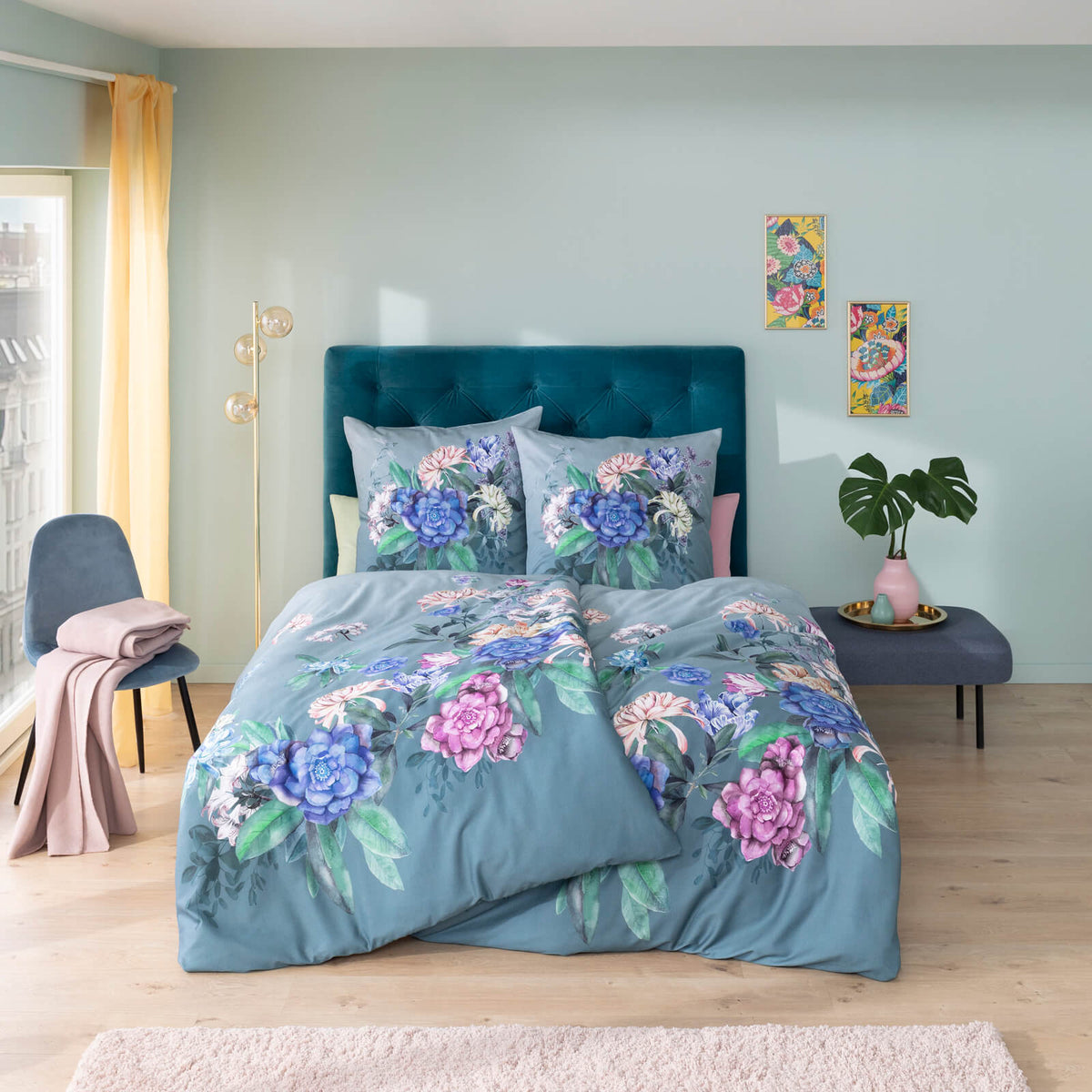 bettwaesche bettgarnitur blumen motiv blau