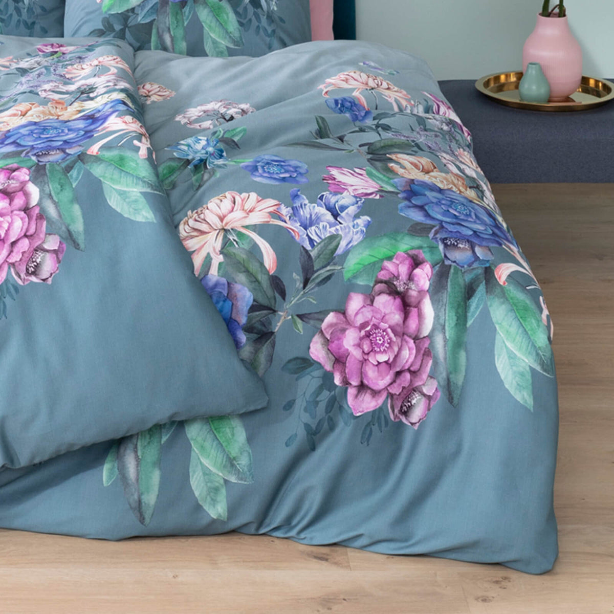 bettwaesche bettgarnitur blumen motiv blau
