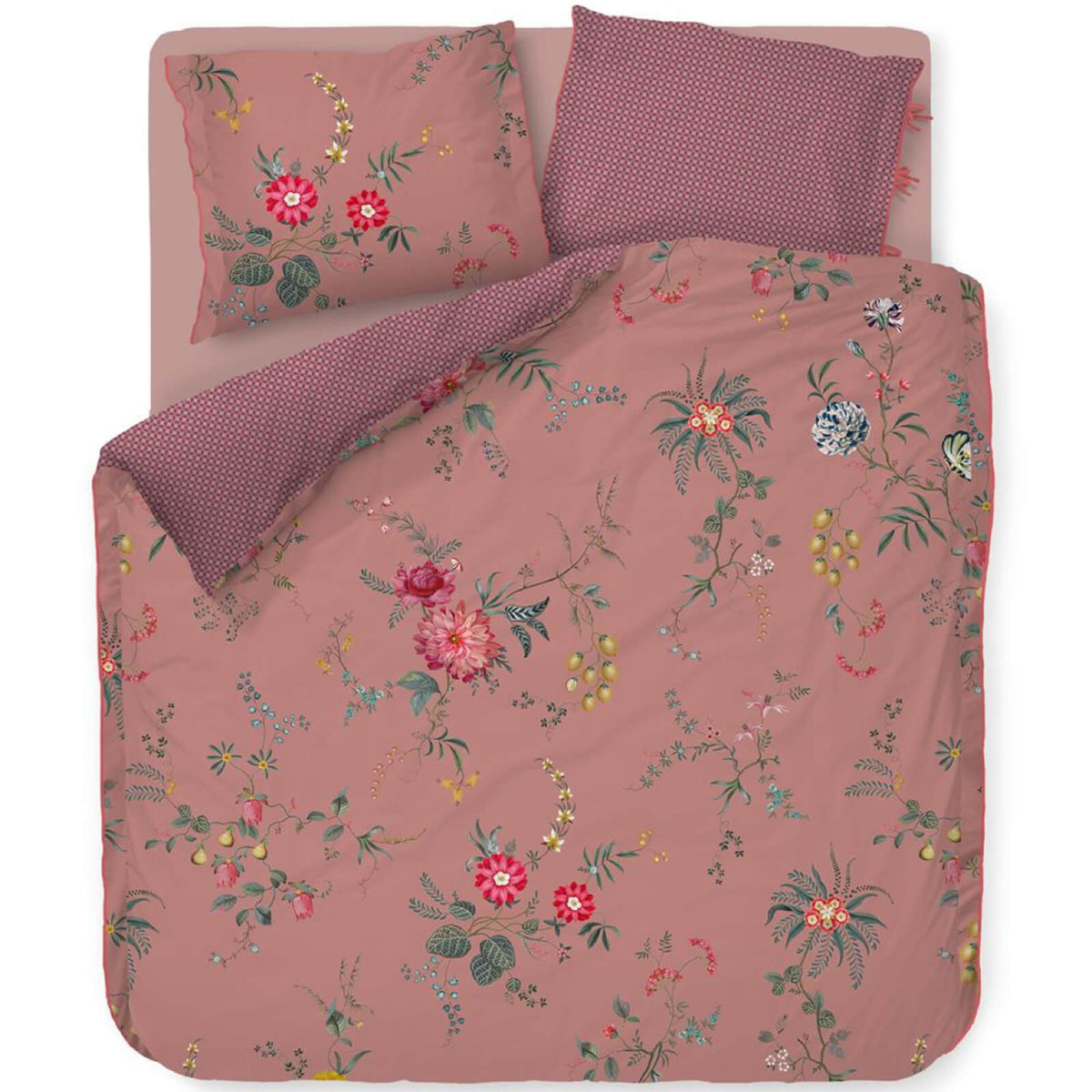 bettgarnitur bettwaesche blumen dahlien fruechte pink