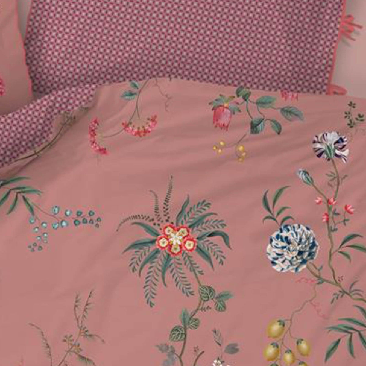 bettgarnitur bettwaesche blumen dahlien fruechte pink