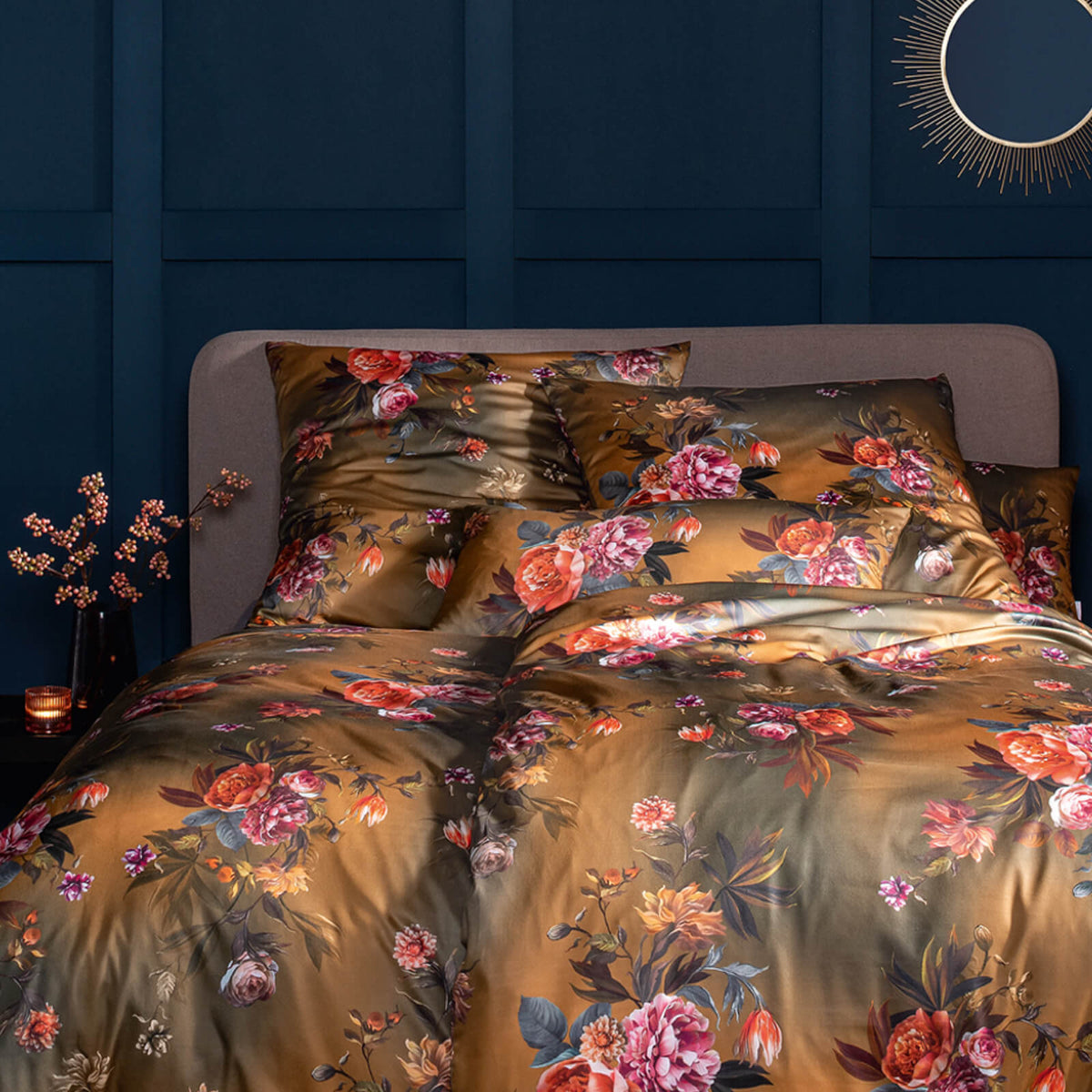bettwaesche estella gold blumen blueten baumwolle satin