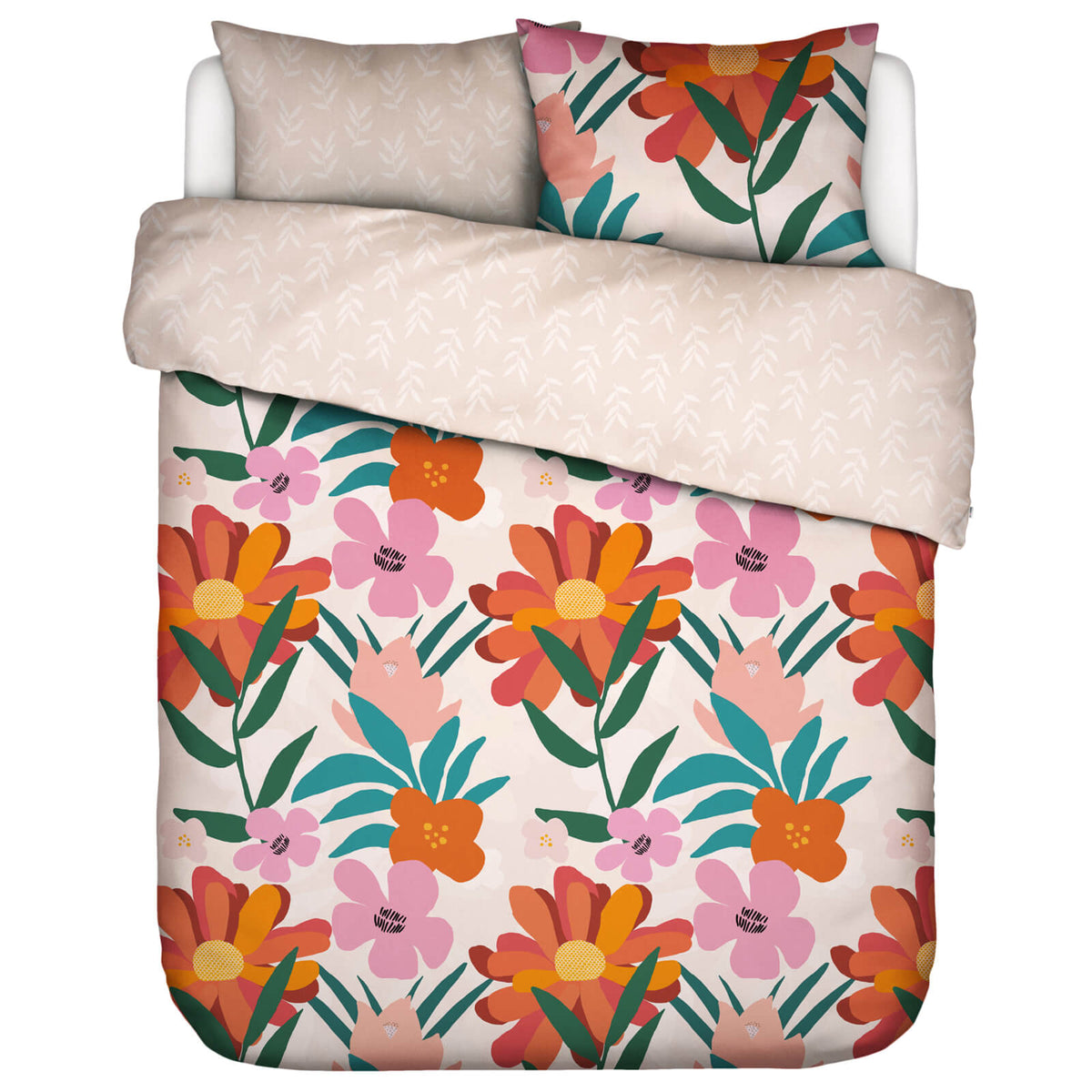 bettwaesche blumen blaetter beige bunt bio baumwolle perkal