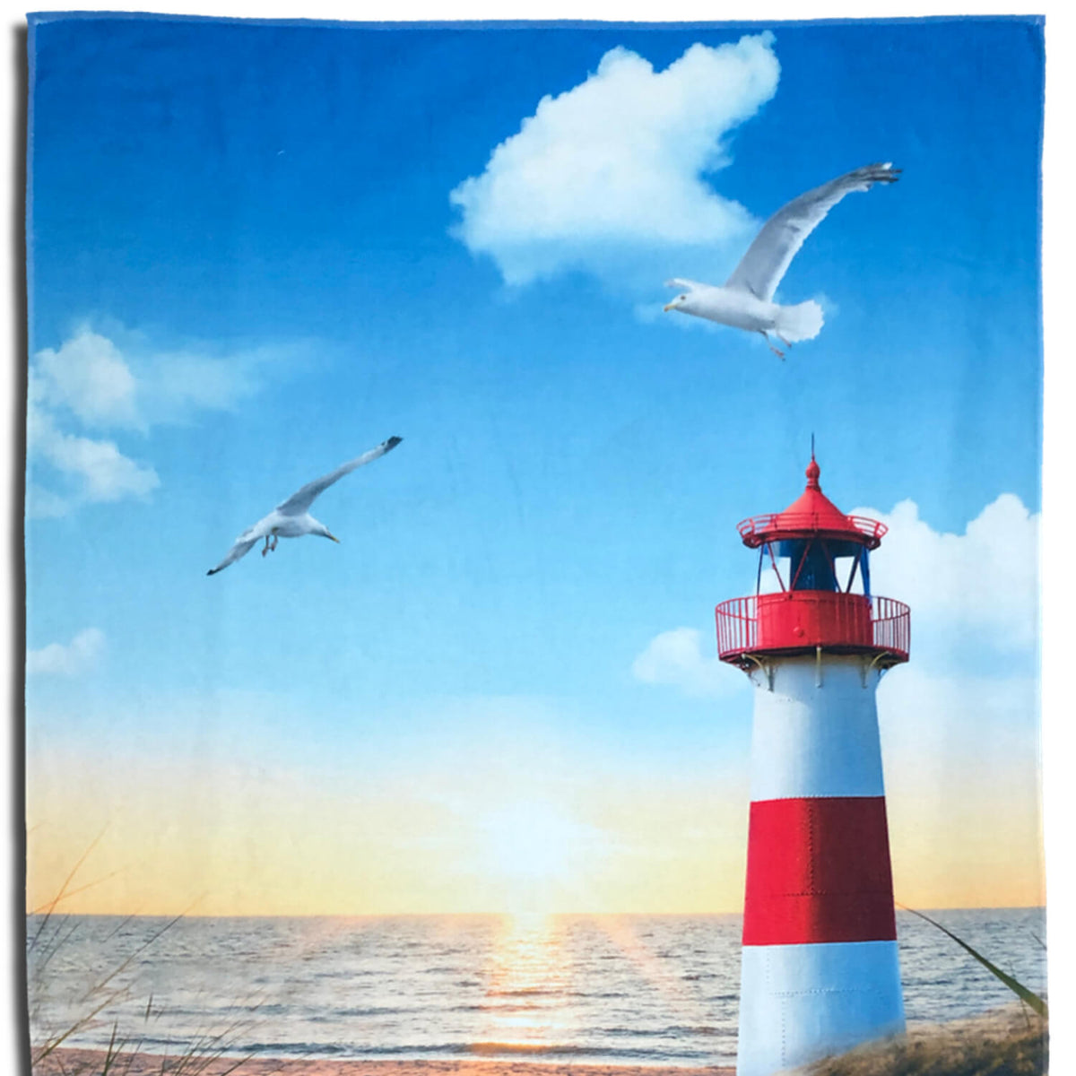strandlaken badetuch leuchtturm möven wasser meer