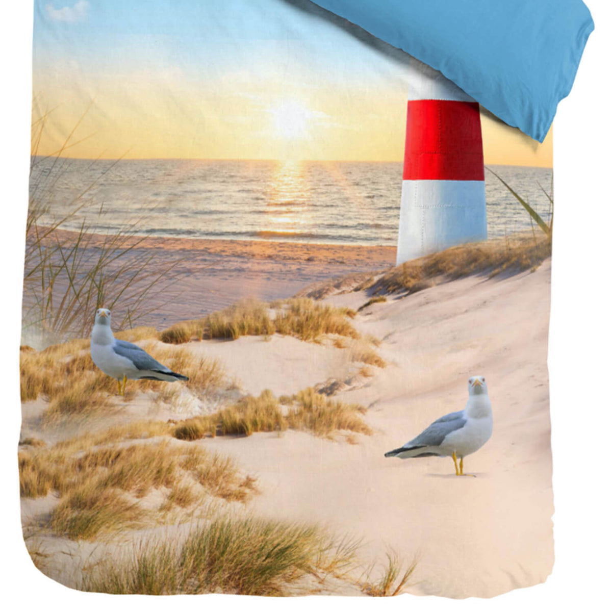 leuchtturm strand bettwaesche sonnenuntergang