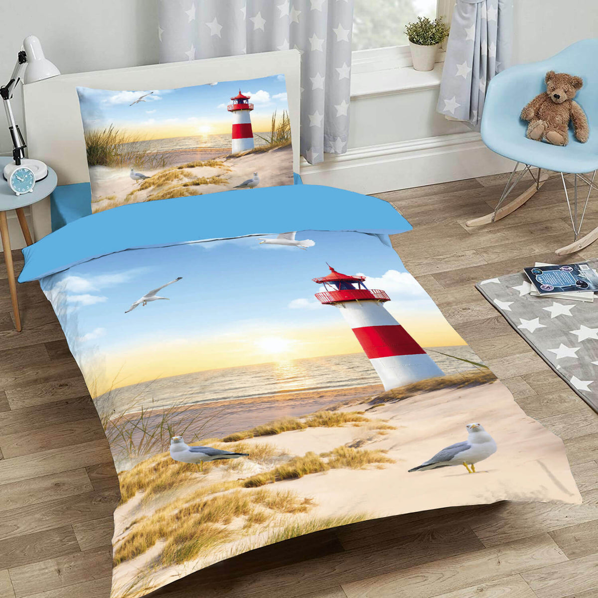 leuchtturm strand bettwaesche sonnenuntergang