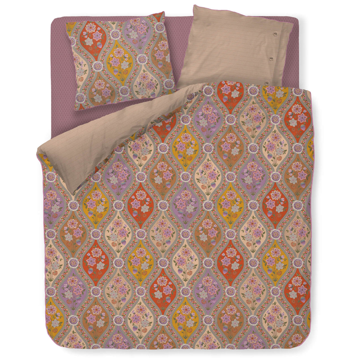 bettgarnitur bettwaesche blaetter muster rauten beige