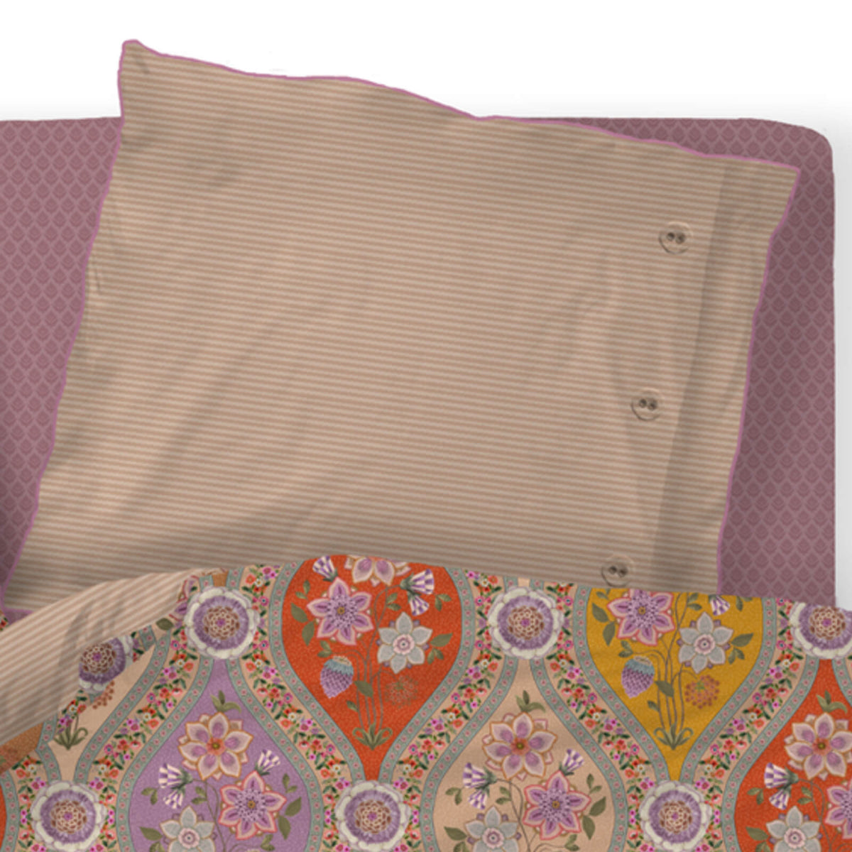bettgarnitur bettwaesche blaetter muster rauten beige
