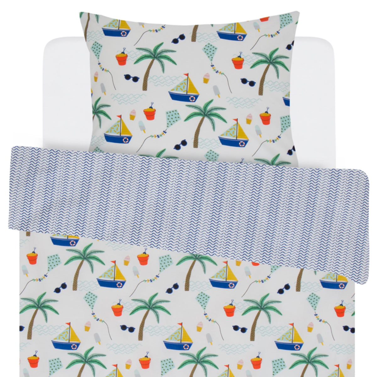 Covers & Co Kinder Wendebettwäsche Manoas Bunt Palmen Eimer Sonnenbrille Drachen