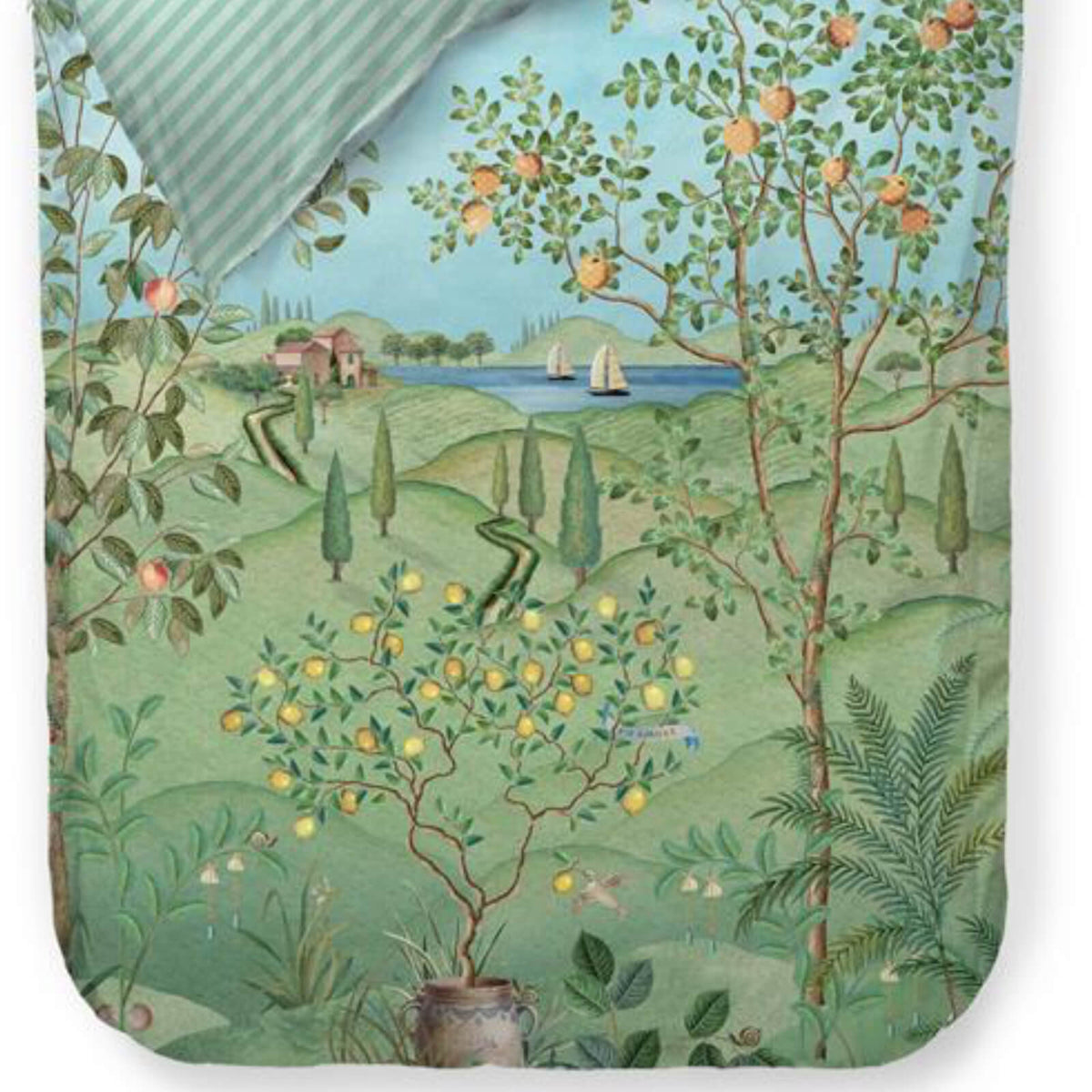 bettwaesche landschaft baeume boote see