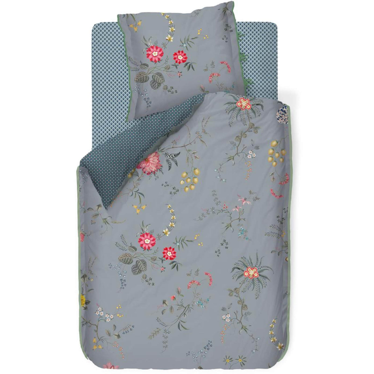 bettgarnitur bettwaesche blumen fruechte blau