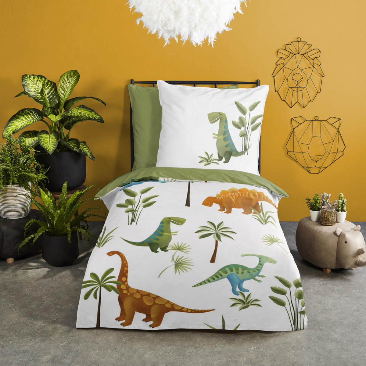bettwaesche bettgarnitur dino saurier t-rex palmen