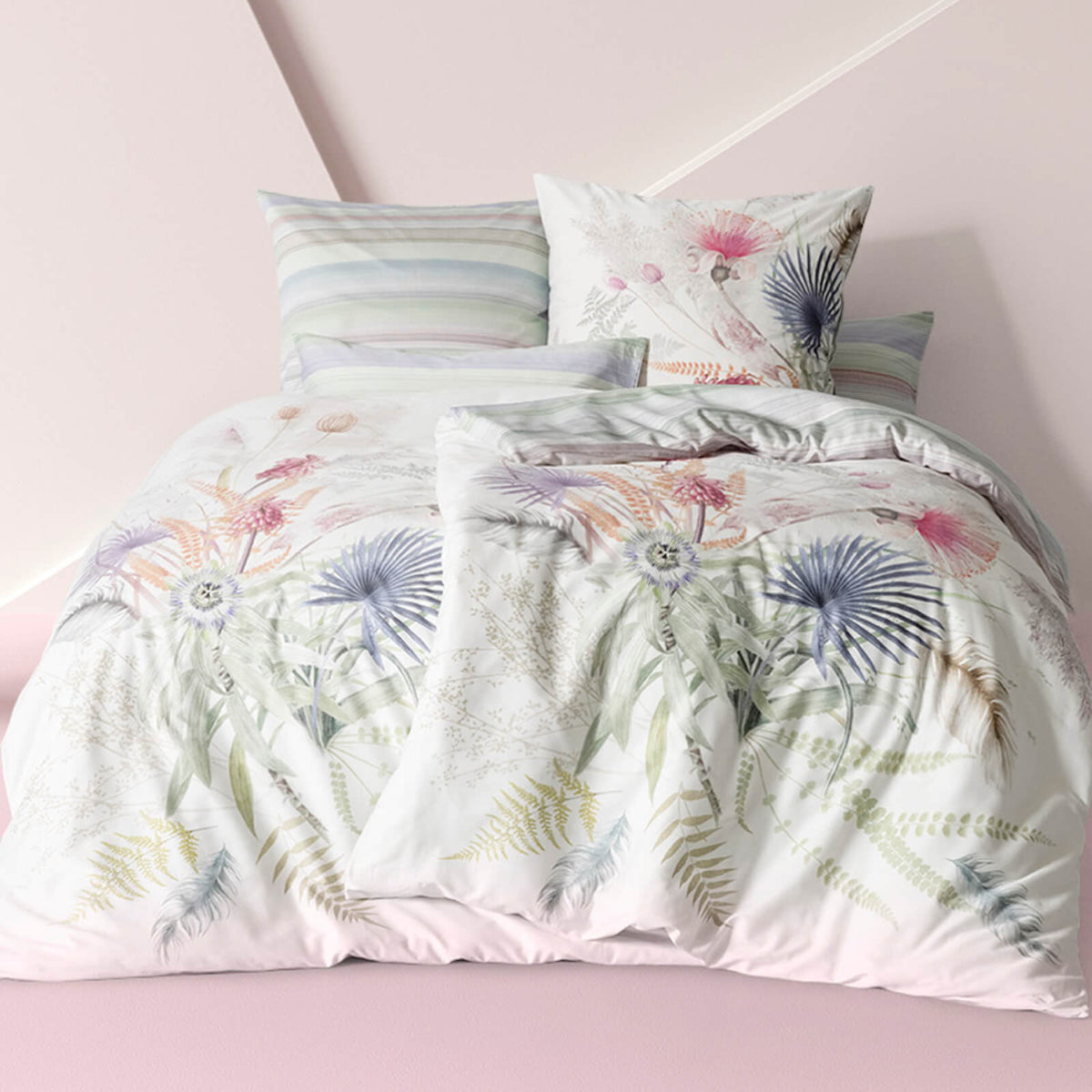 bettbezug kissenbezug floral blaetter wendeoptik gestreift