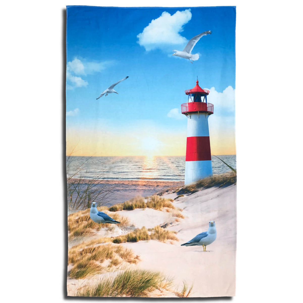 strandlaken badetuch leuchtturm möven wasser meer