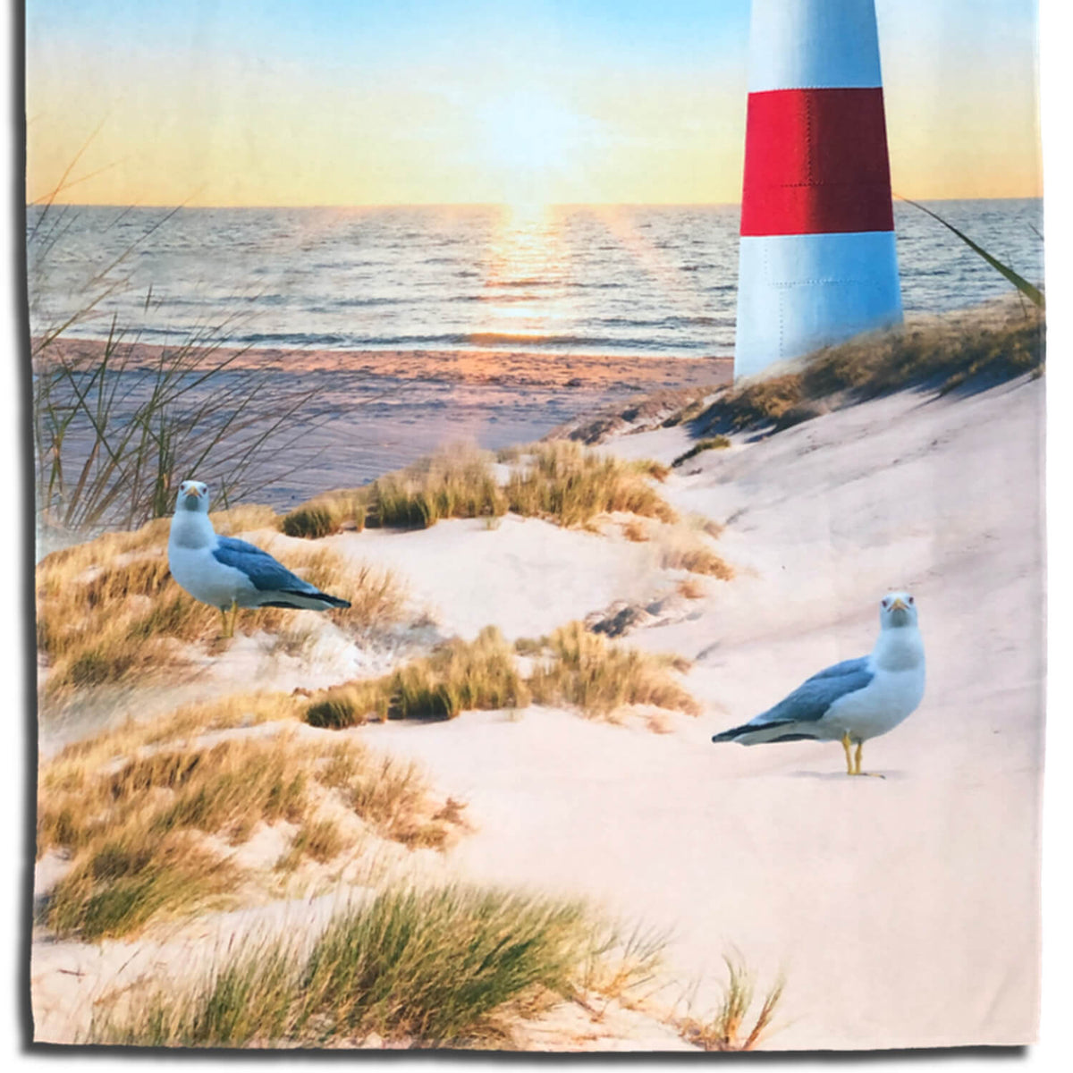strandlaken badetuch leuchtturm möven wasser meer