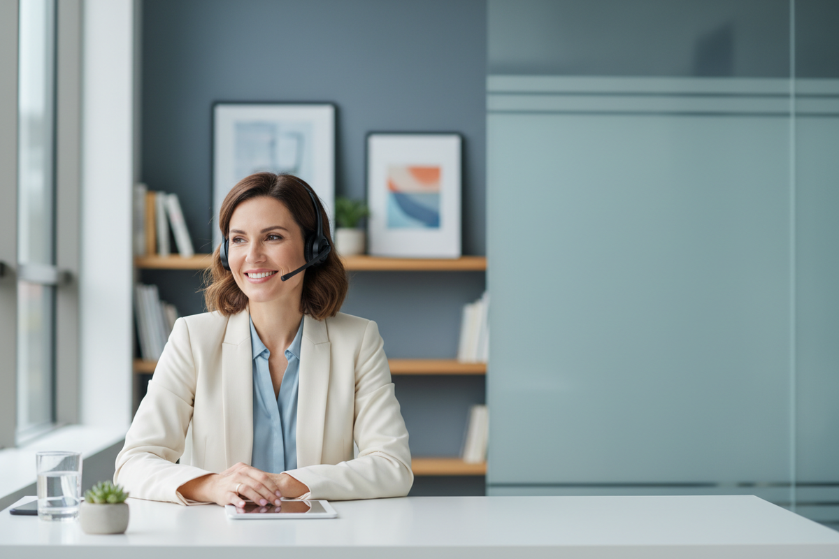 freundliche Frau im modernen Büro, trägt Headset, telefoniert und lächelt, wirkt hilfsbereit und kompetent, „persönliche Betreuung“ Stimmung. Heller, aufgeräumter Hintergrund, weiches Tageslicht, hochwertige Business-Optik, geringe Tiefenschärfe. Großer freier Bereich (Copy Space) auf der rechten Seite für Überschrift. Keine Logos, kein Text im Bild, keine Wasserzeichen, natürliches Aussehen, scharfe Gesichtszüge, realistische Hauttöne.