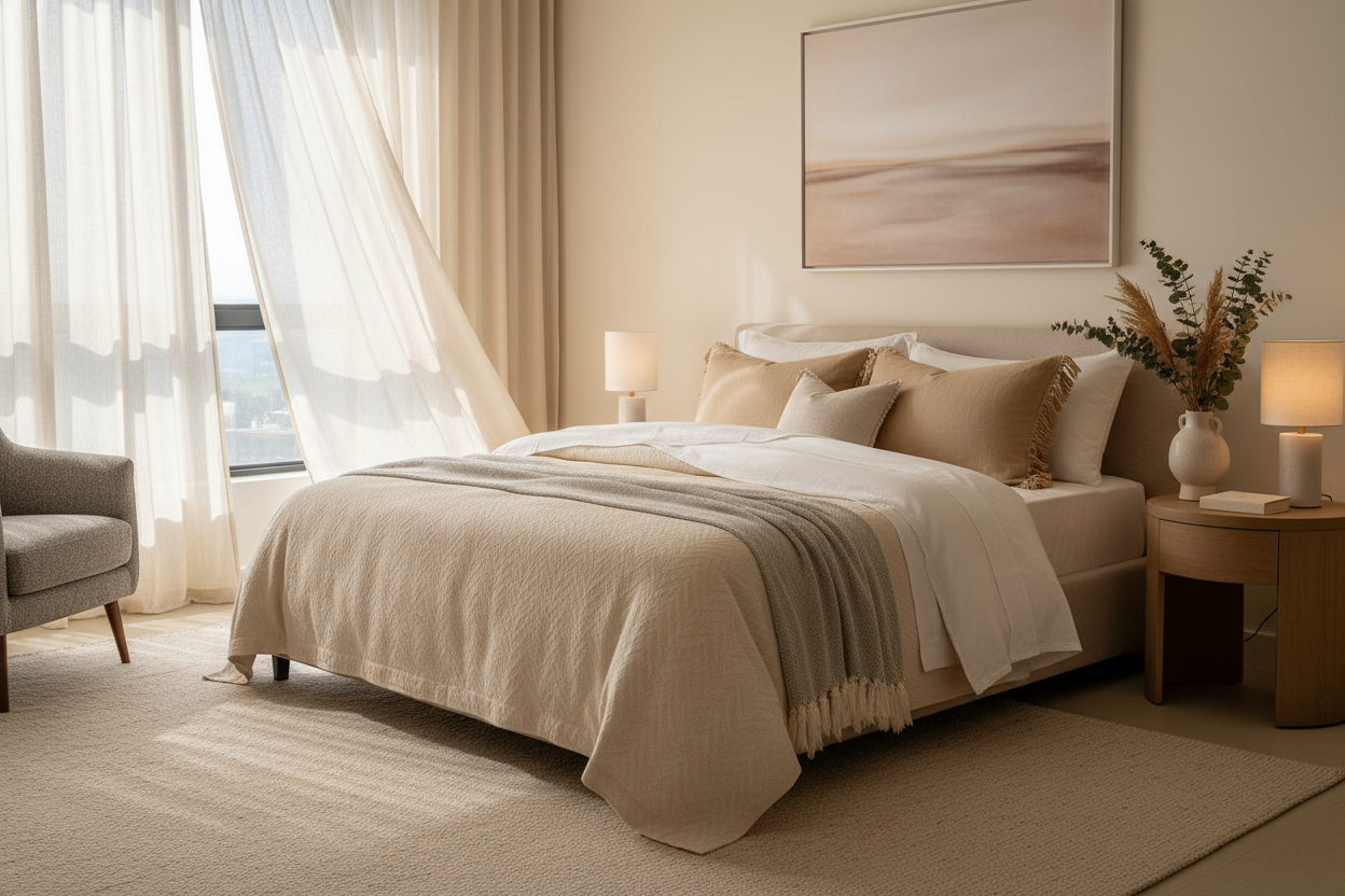 Hochwertige, fotorealistische Innenaufnahme eines stilvoll eingerichteten Schlafzimmers mit neutralen, warmen Farben.
Im Mittelpunkt steht ein gemachtes Bett mit hochwertiger Bettwäsche in sanften Naturtönen (z. B. Beige, Creme, Grau oder Weiß), leicht strukturiert oder mit dezentem Muster.
Tageslicht fällt sanft durch ein Fenster, auf Nachttisch eine kleine Lampe oder Vase mit Trockenblumen.
Umgebung ruhig, modern, gemütlich, ohne Menschen.
Stimmung: ruhig, harmonisch, einladend, vertrauensvoll – vermittel