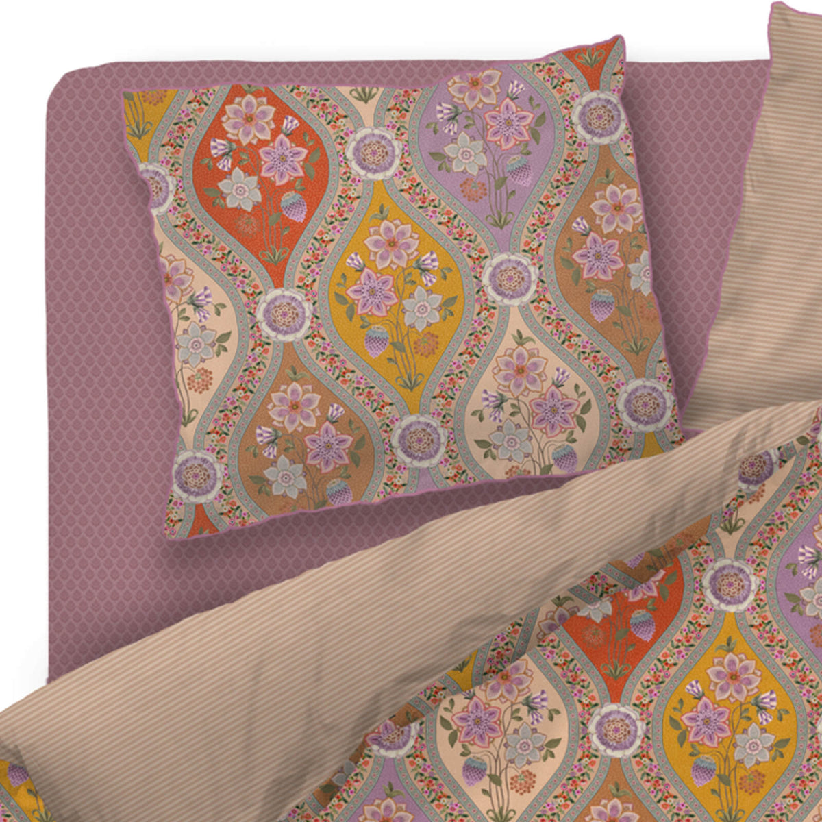 bettgarnitur bettwaesche blaetter muster rauten beige